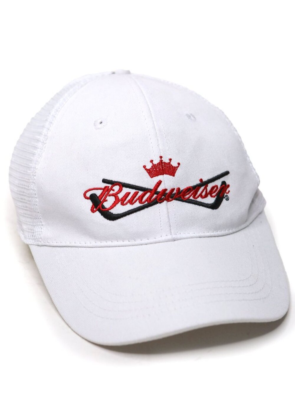 Budweiser Hockey Sticks Mesh Trucker Hat White Red Crown Snapback Cap OSFA